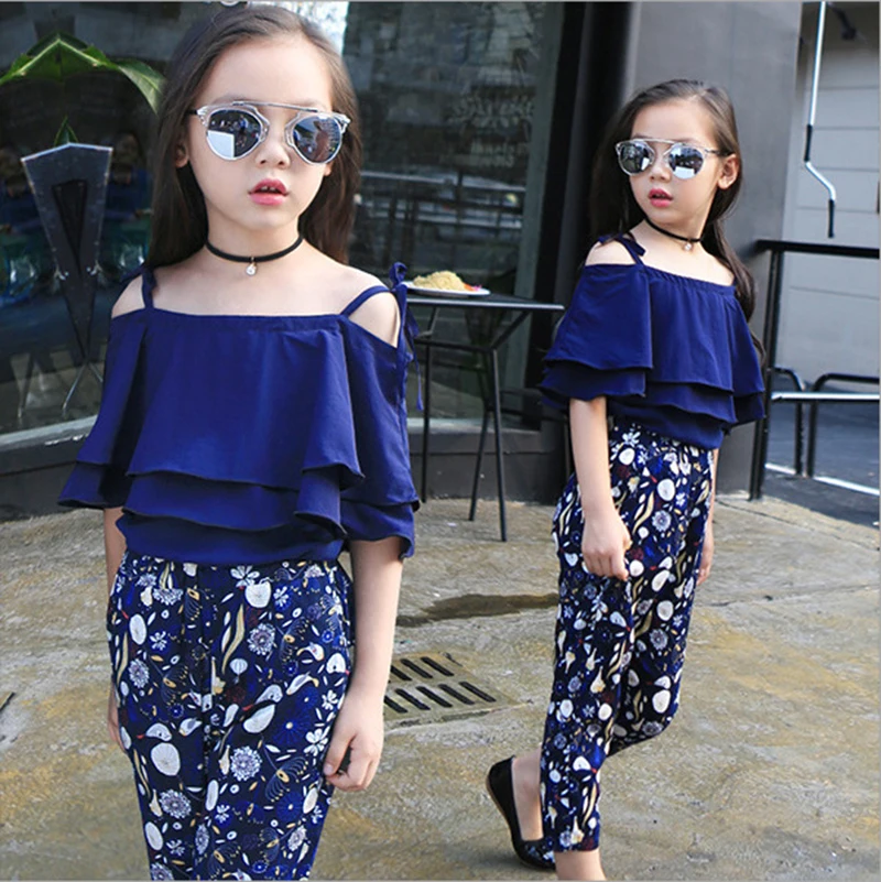 Fashion Summer Girls Clothing Set 2024 Children Off Shoulder Tops Floral Pants 2Pcs Kids Outfits Teen Girl Clothes 5 6 7 8 Years