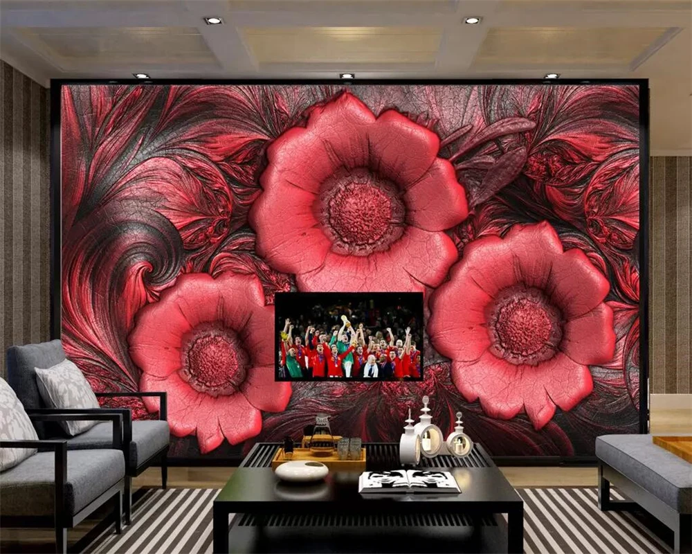 

European embossed wallpaper woodcarving red floral TV background walls living room bedroom decoration 3d wallpaper