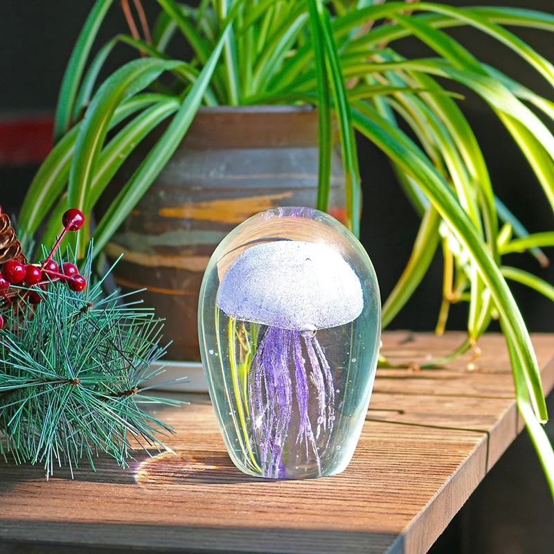 H&D Purple Glow Jellyfish Glass Paperweight Figurine Handblown Glass Sculpture Collectible Xmas Gift Home Office Decoration