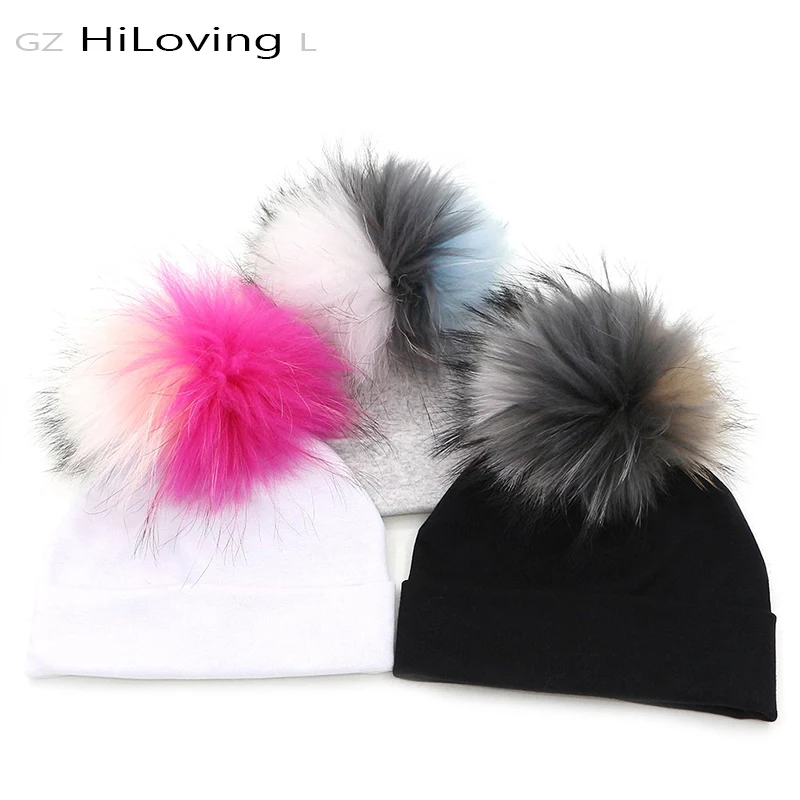 

GZhilovingL Baby Solid Winter Hat Cap Boys Girls Cotton Real Multi Fur Pompoms Hats Autumn Spring Kids Childs Skullies Beanies