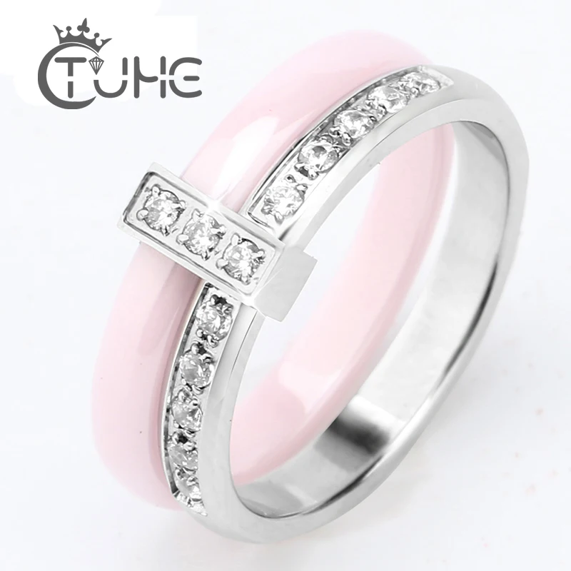 Women Rings 6mm Pink Ceramic Rings CZ Wedding Brand Garden Ring For Women Beautiful Jewelry ague acier inoxydable pour femme