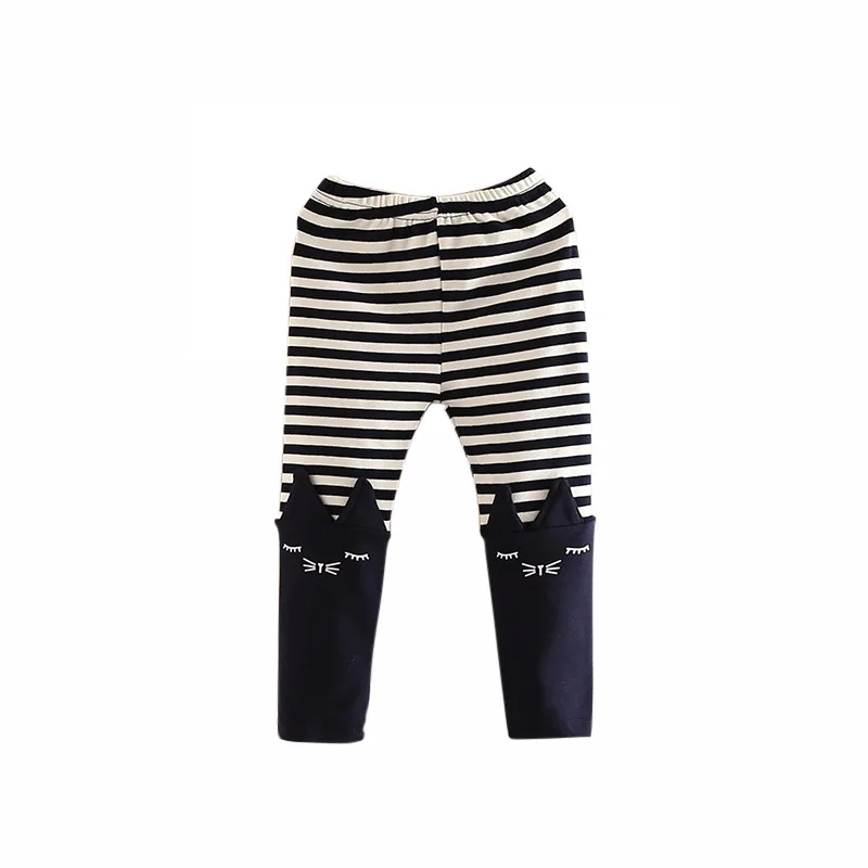 Spring Autumn New 2 8 10 Years 90 130 140 cm Children Navy Blue Gray Cotton Stripe Cartoon Cat Baby Kids Girl Leggings