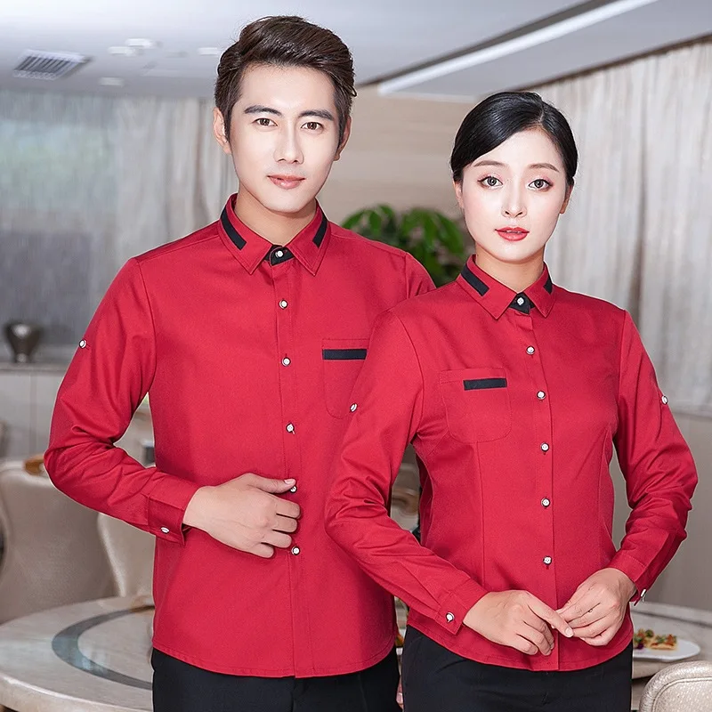 Hotel Waitress Work Clothes Jacket Long Sleeves Chinese Restaurant Dining Uniform Hot Pot Cafe Catering Waiter Overalls H2344