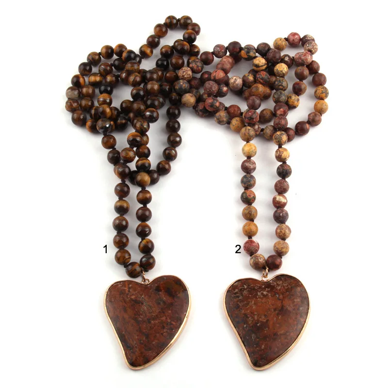 New Fashion Bohemian Jewelry Natural Tiger Eye Stone Knotted Brown Stone heart Pendant Women Necklace