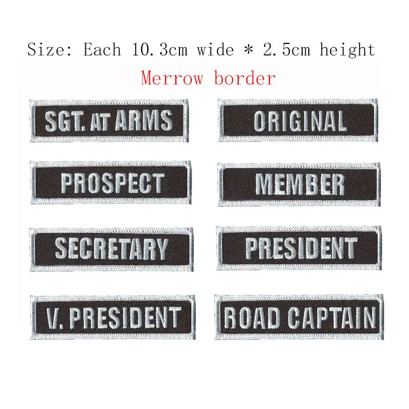 8pcs name tag embroidery patch PRESEDENT,ORIGINAL,SECRETARY,MEMBER,ROAD CAPTAIN,PROSET,SGT at ARMS iron on emblemas for clothing