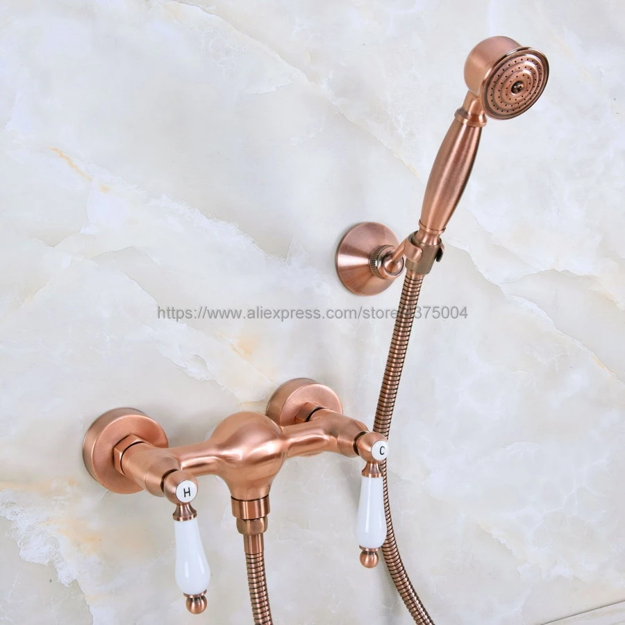 

Bathroom Shower Faucet Bath Faucet With Hand Held Shower Head Set Double Handles Wall Mounted Antique Red Copper Nna299