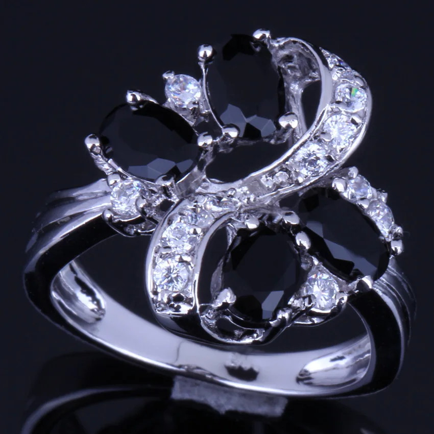 Admirable Plant Black Cubic Zirconia White CZ Silver Plated Ring V0144