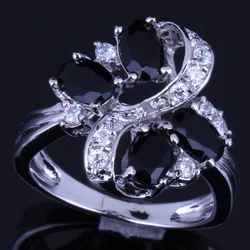 Admirable Plant Black Cubic Zirconia White CZ Silver Plated Ring V0144