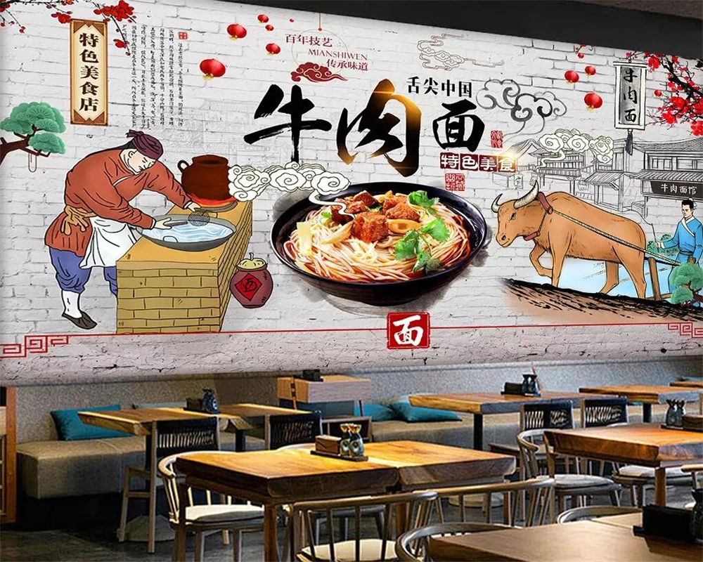 Beibehang Custom wallpaper retro nostalgic hand-painted beef noodle restaurant restaurant decoration background wall decoration