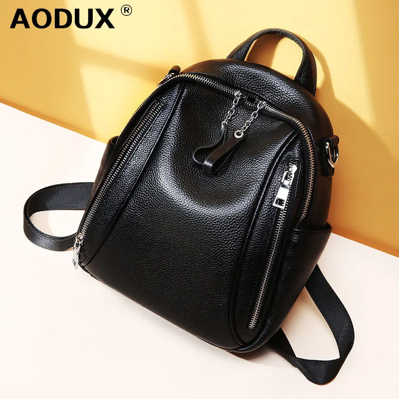 Aodux NEW Genuine Leather Women\'s Backpacks Silver Color Hardware First Layer Cow Leather Female School Backpack Cowhide Bags