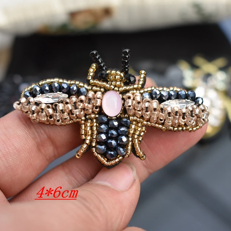 Handmade Rhinestone Beaded Sequin Bees Patches, Cool Fashion Sew on Crystal pearl patch for clothes beaded Applique cute patch