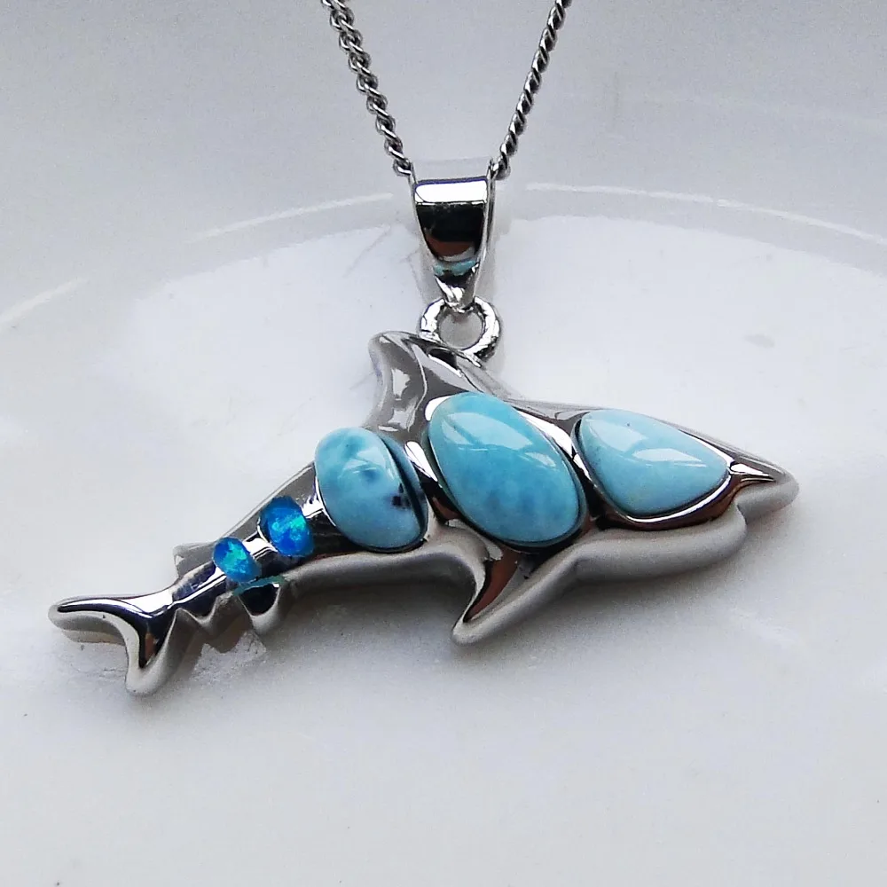 Natural Larimar Gemstone Pendant Cute Seafish Shark Pendant 925 Sterling Silver Opal Charms for Women Gift