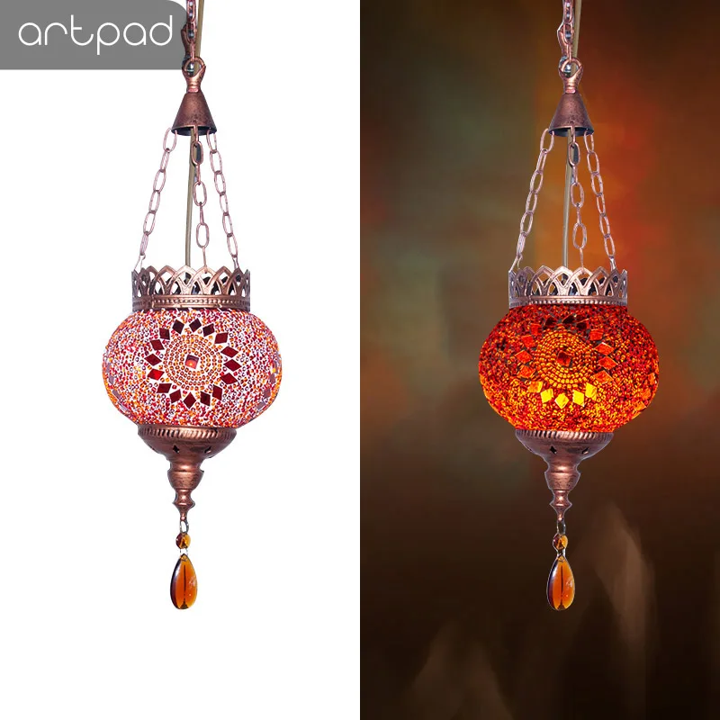 Artpad Mediterranean Style Turkish Moroccan Pendant Light Decoration Handmade Glass Shade Restaurant E27 Mosaic Hanging Lamp