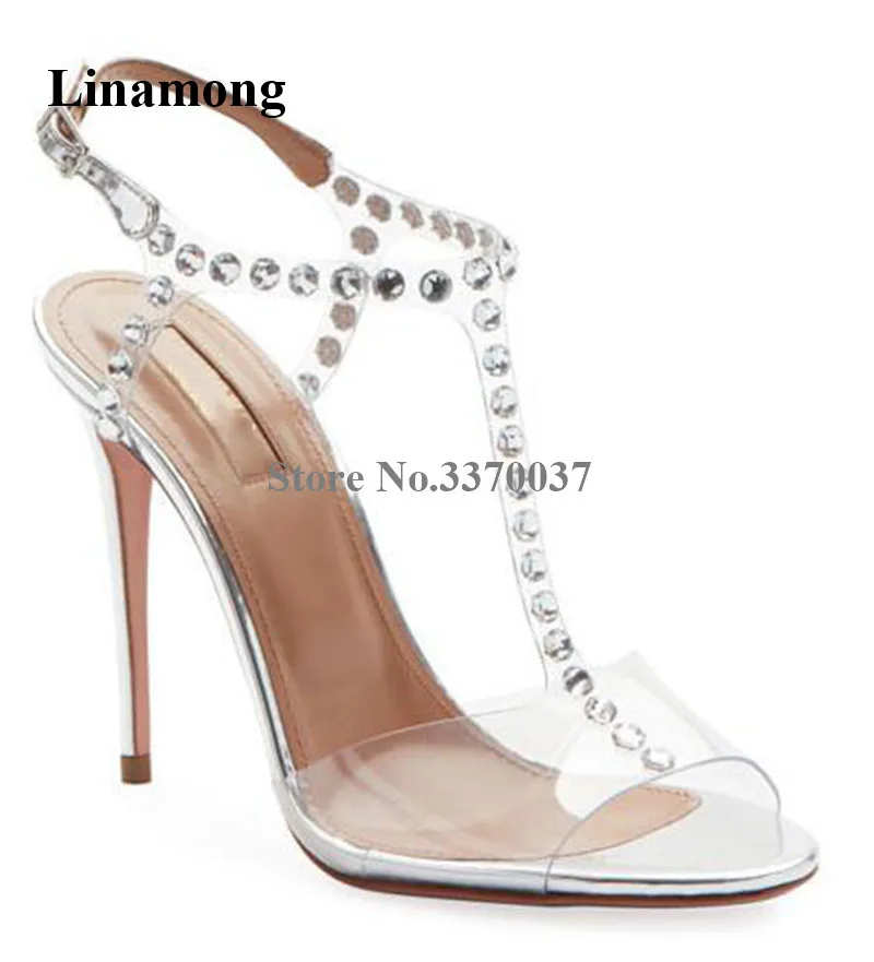 

Women Brand T-strap Beaded Studded Stiletto Heel PVC Gladiator Sandals Silver Transparent Rhinestone High Heel Sandals Heels