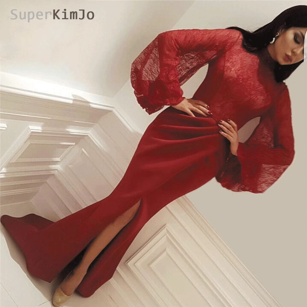 Superkimjo Vestido Longo Suar Lengan Gaun Malam Renda 2019 Tinggi Leher Merah Marun Bahasa Swedia Malam Gaun Robe De Soiree