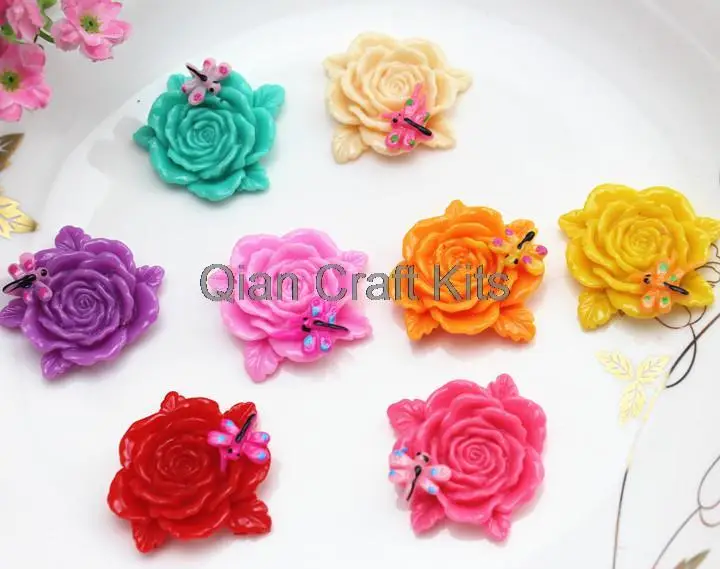 100pcs mixed colors flower with dragonfly resin cabochons (38x30mm) scrapbooking decoden hair accessories DIY large rosette