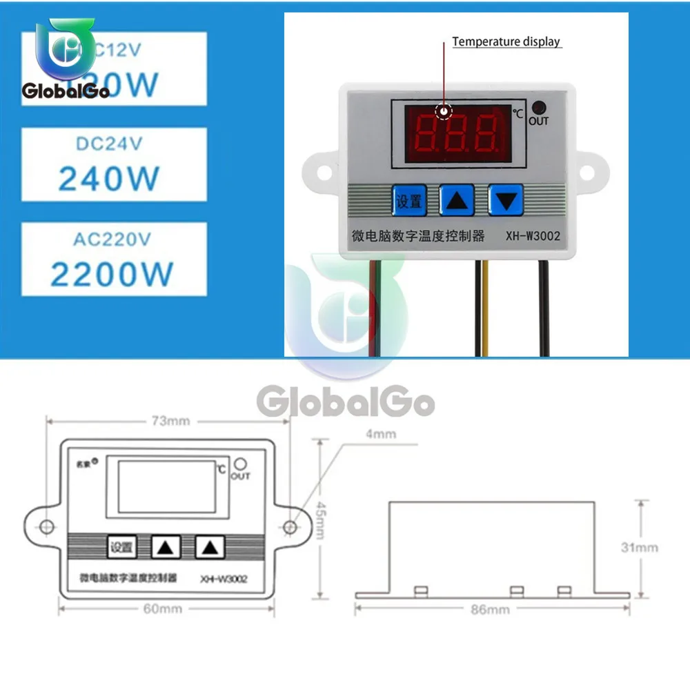 W3002 12V 24V 110V 220V LED Digital Temperature Controller Thermostat Thermoregulator Sensor Meter Fridge Water Heating Cooling