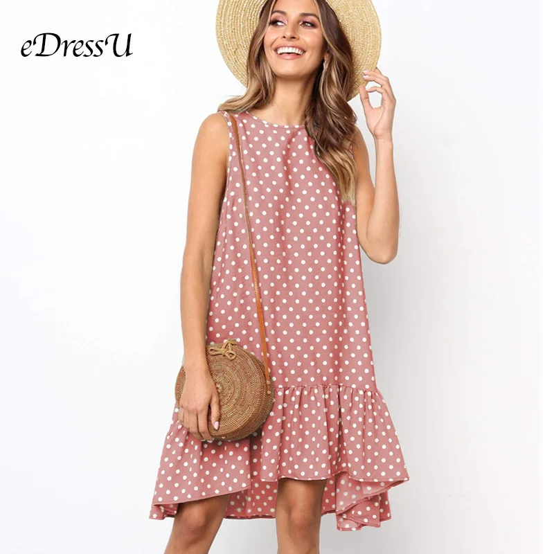 8 Colors Pink Polka Dot Dress Loose Sleeveless Ruffles Casual Summer Dress Knee Length Korean Daily Dress eDressU CLX-101112