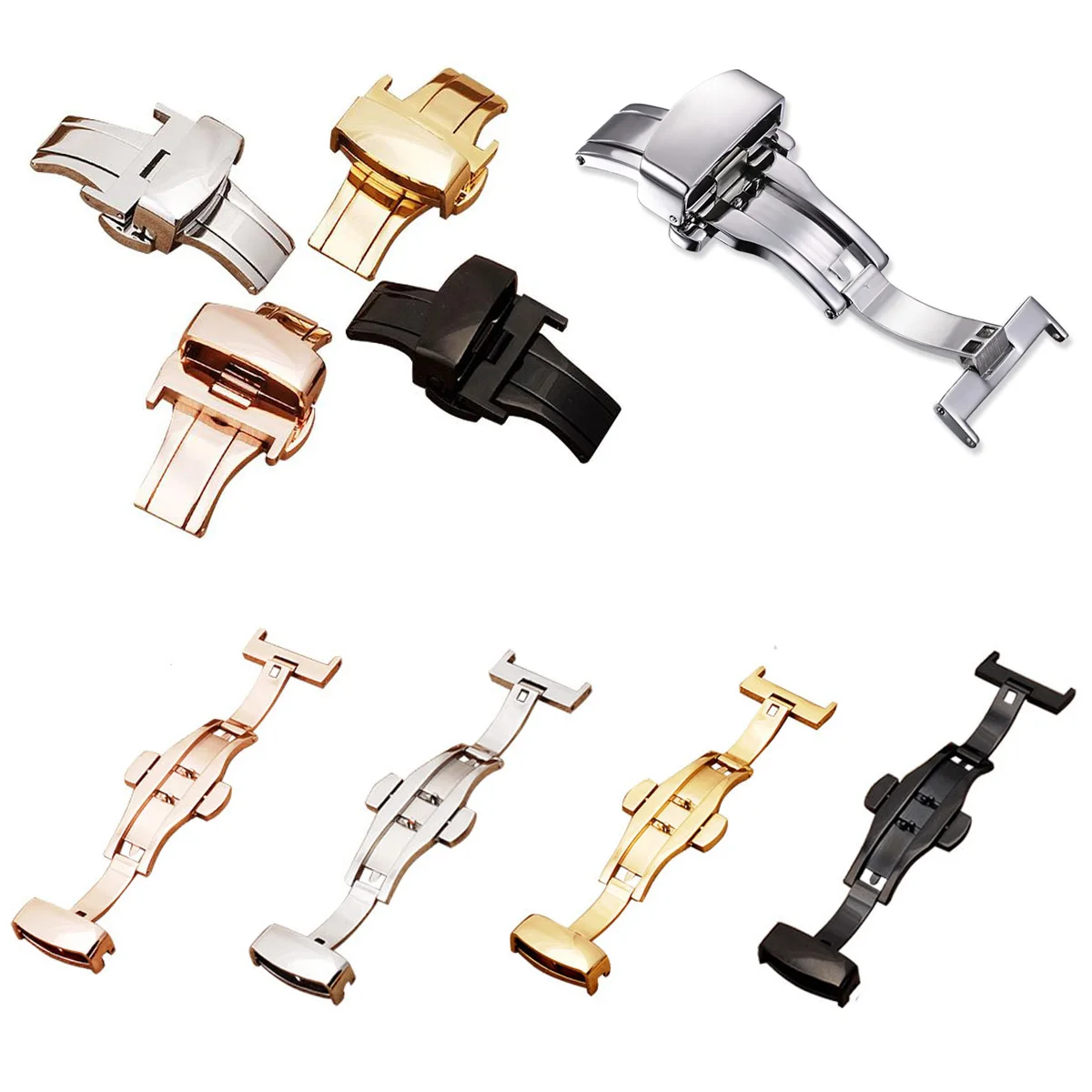 316L Stainless Steel 10 12 14 16 18 20 22 24mm Watch Buckle Watchbands Double Push Deployment Butterfly Clasp Strap Accessories