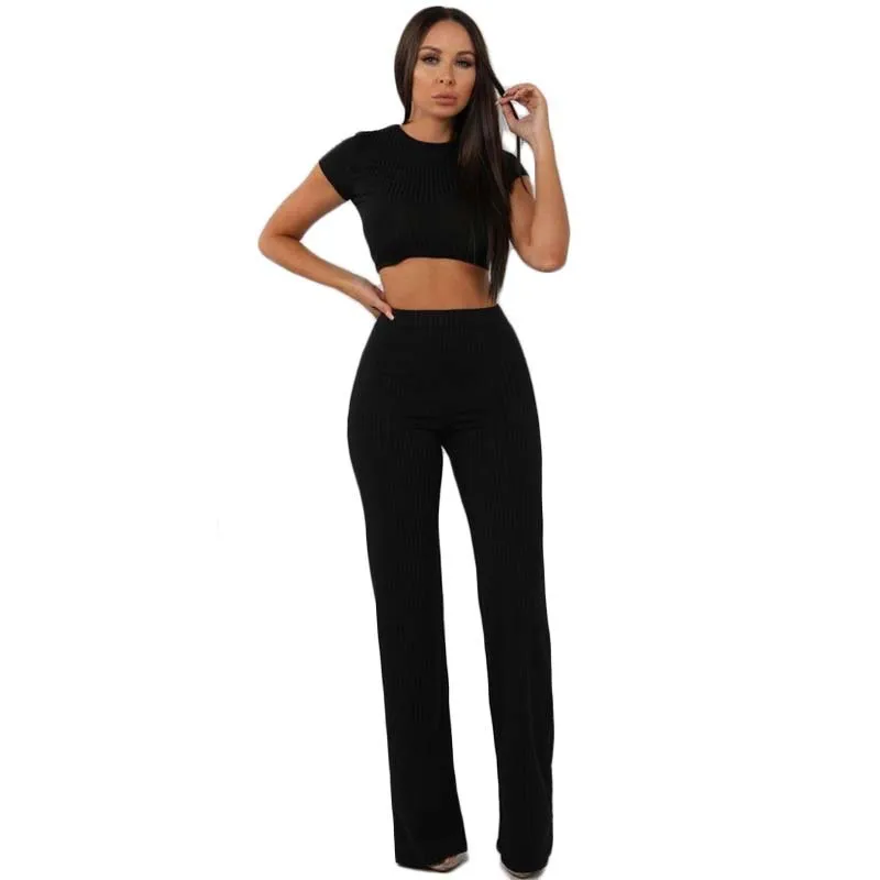 Women knitted long sleeve o-neck crop top wide leg pants 2 piece set for female women tops pants two pieces sets women\'s suits