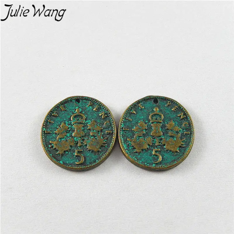 Julie Wang 20pcs Antique Green Bronze Alloy Imitation 5 Pence Charms For Necklace Pendants Findings Jewelry Making Accessory