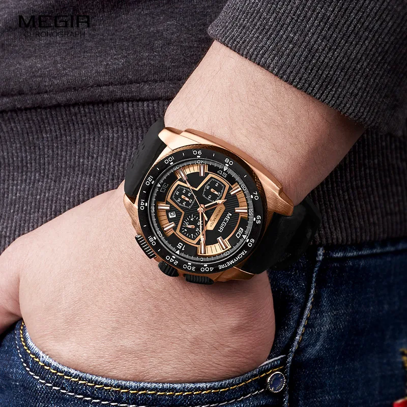 Megir maschi Mens cronografo orologi sportivi con movimento al quarzo elastico orologio da polso luminoso per uomo ragazzi 2056G-1N0