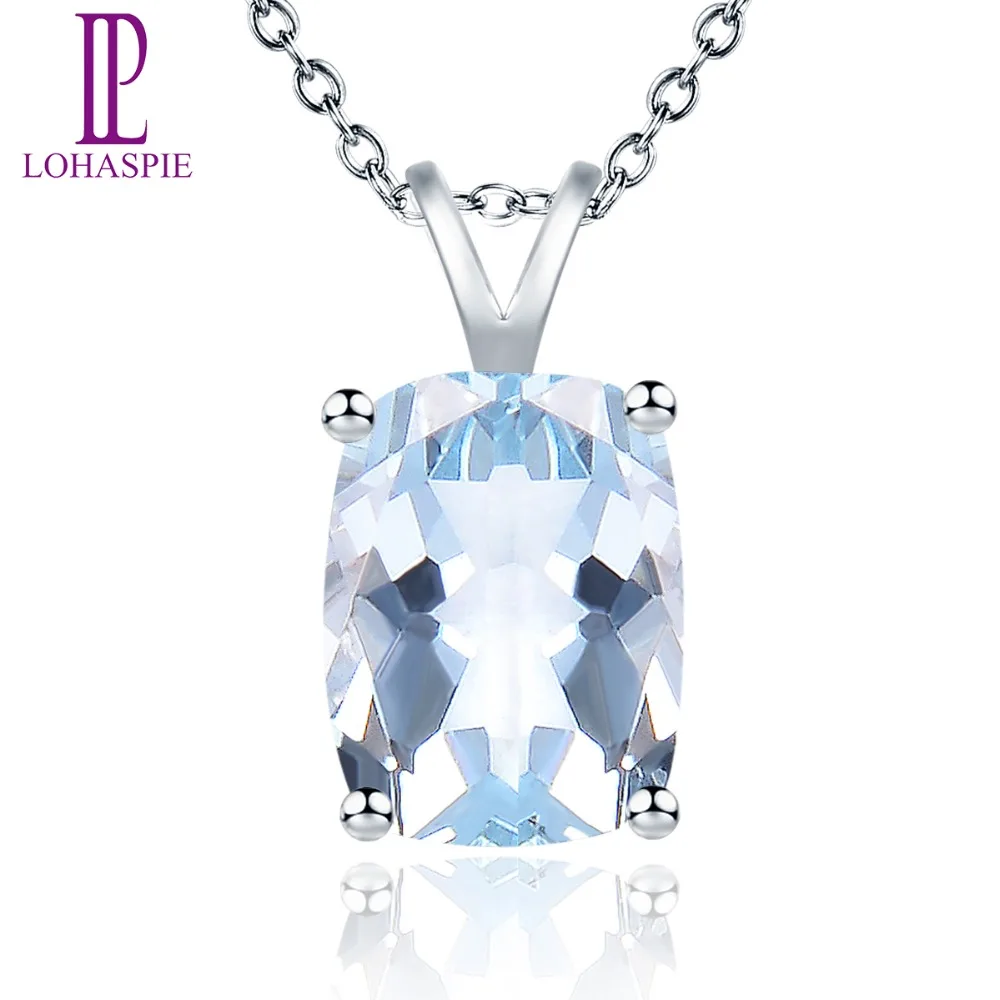 LP Stone Jewelry Natural Gemstone Aquamarine Solid 14K White Gold Pendant For Women's Women's Birthday Gift W/ Silver Chain