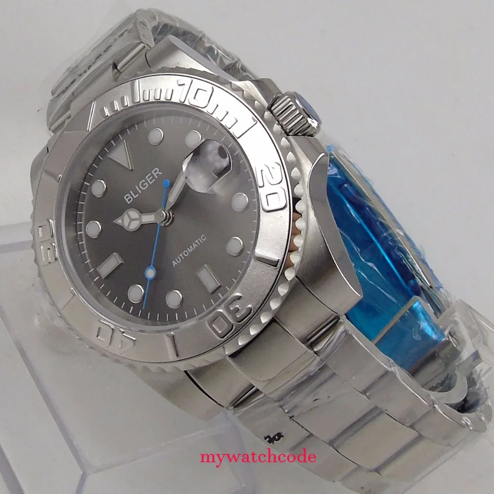 BLIGER SUB Sunburst gris NH35AA PT5000 reloj automático para hombre bisel giratorio de mano azul banda de pulido medio reloj profesional