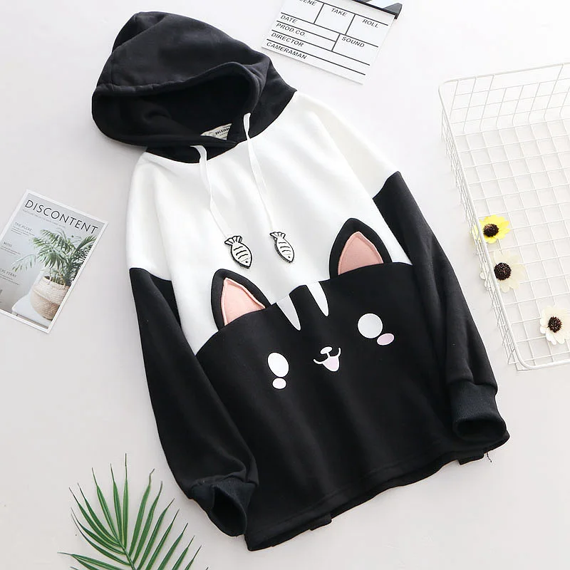 Sudadera con capucha con estampado de gato negro para mujer, ropa de estilo Kpop japonés, Sudadera con capucha Kawaii Harajuku Lolita, moda de