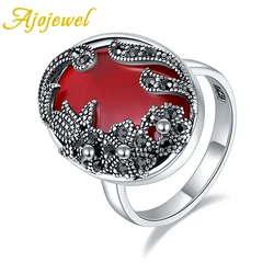 Ajojewel Women's Retro Style Ring With Green/Black/Red Stone Chic Black Flower Jewelry For Party High Quality Gifts