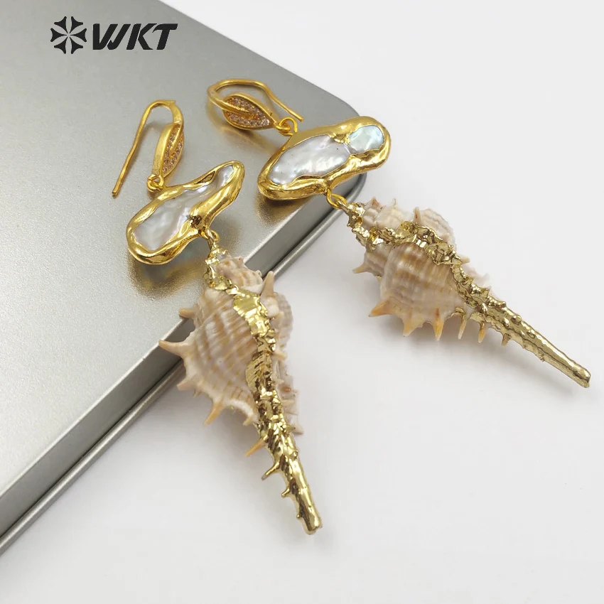 

WT-E476 WKT New Classic fashion earrings natural long conch shell earrings with gold decorative ladies earrings