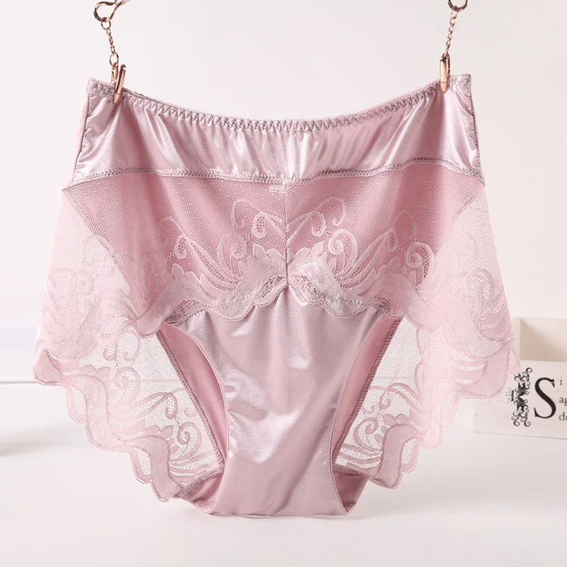 Bragas de cintura alta para mujer, ropa interior Sexy de seda transparente, bragas de encaje de talla grande, lencería femenina de talla grande 3XL