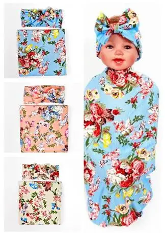 

2019 new kids swaddle blanket and bowknot Floral headband set flower bud blanket girls photography props muslin swaddle wrap