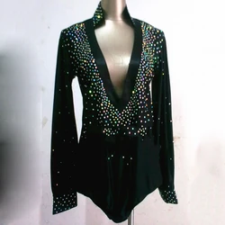 Men Latin Dance Costumes Black Long Sleeve Shiny Rhinestone Tops Male Ballroom Shirt Latin Competition Performance Wear DN2372