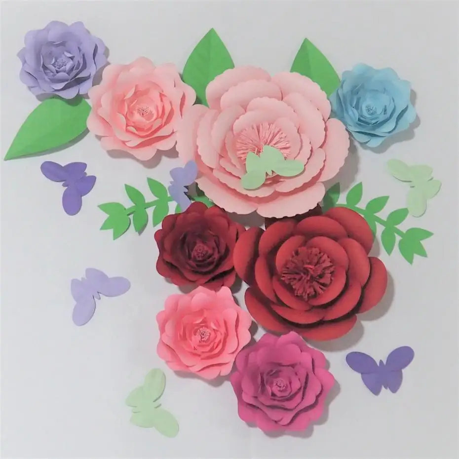 2018 Assembled 8 Giant Paper Flowers 5 Leaves 7 Butterflies Wedding Backdrop Baby Nursery Bridal Shower Baby Shower Mix Sizes