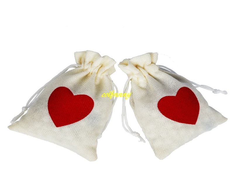 

500pcs/lot 10X15cm Red Lover Heart Burlap Gift Bags Jewelry Pouch Linen Drawstring Favor Bag Wedding Party Gift Bag