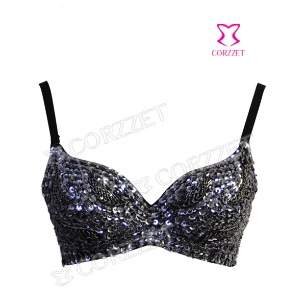 

2014 Luxury Sexy Women's Silver Beaded Sequins Push Up Bra Punk Bralet Party Clubwear Dance Brassiere With Underwire & Straps