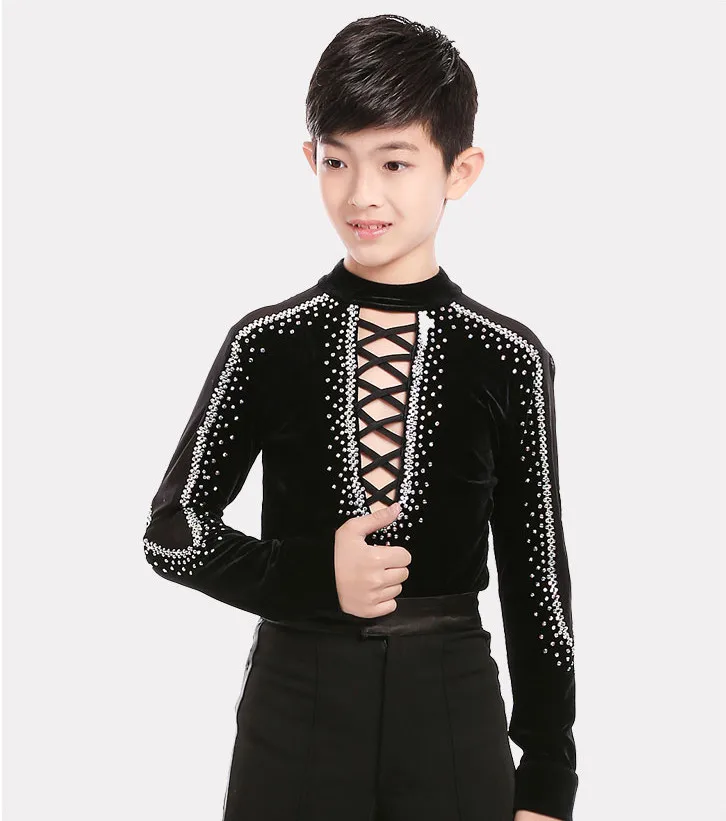 2018 Boys Turtleneck Rhinestone Ballroom/ Latin Dance Shirt Sexy Bandage Black Dance Tops Latin Performance Wear For Boys