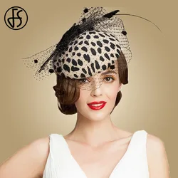 FS-Sombrero de leopardo pastillero negro para mujer, sombreros de boda de fieltro de lana australiana, elegantes sombreros de cóctel con lazo, 100%