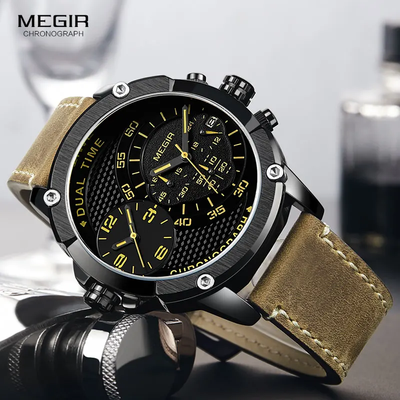 MEGIR Men\'s Double Time Zone Chronograph Quartz Watches Waterproof Lumious Leather Band Army Sports Wristwatch for Man 2093G-BK