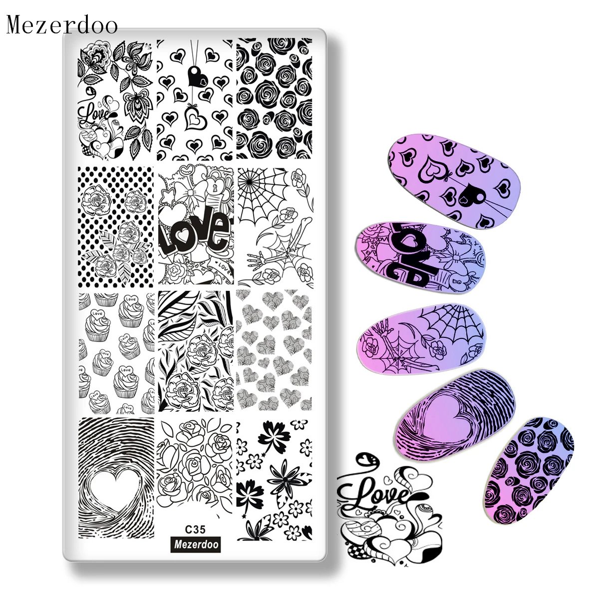 Love Valentine's Day Pattern Stamping Plate Rose Spider Webs Design DIY Nail Art Stamp Image Plate Nail Stencil Tools C35