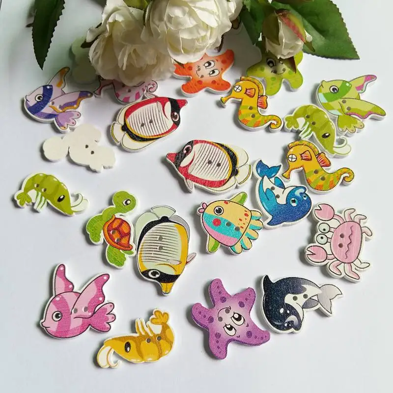 50pcs Marine Animal Series Style Wooden Button Mixed Pattern Wood Buttons Sewing Accessories For Kid Clothes DIY Handmade Craft