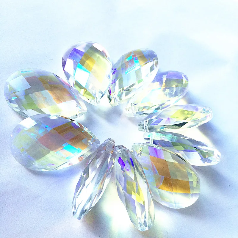 50pcs/lot 38*22mm Rainbow Crystal Glass Gorgeous Faceted Pendants(Free Rings) For Wedding & Christmas Tree Hanging Decoration