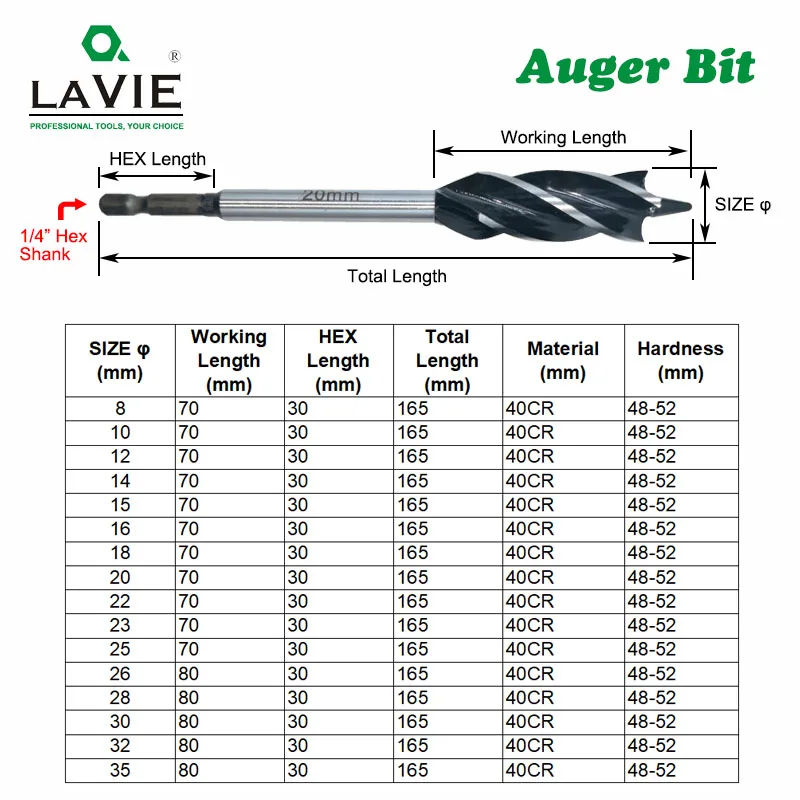 LAVIE 26-35mm Twist Wood Auger Bit Drill Bits Set Fast Cut Carpenter Joiner Tool Drilling Bit For Wood Cut Suit for woodworking