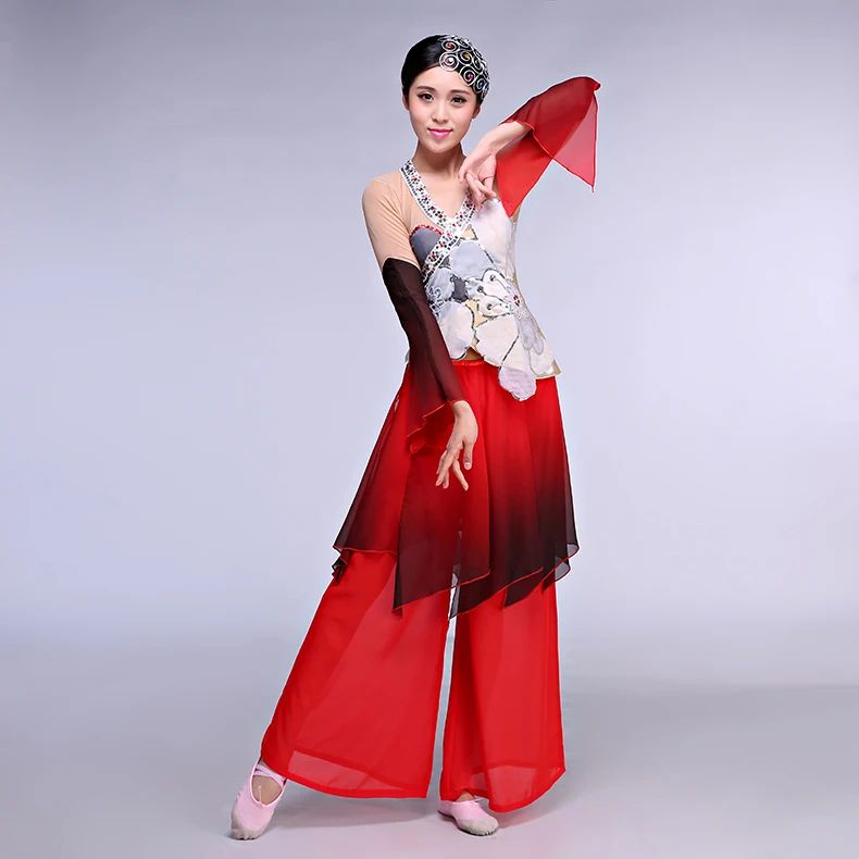 Lian Hua Qing Red Lotus Gradient Chiffon and Spandex Costume Classical Folk Dance Modern Dance Fan and Umbrella Dance Costume