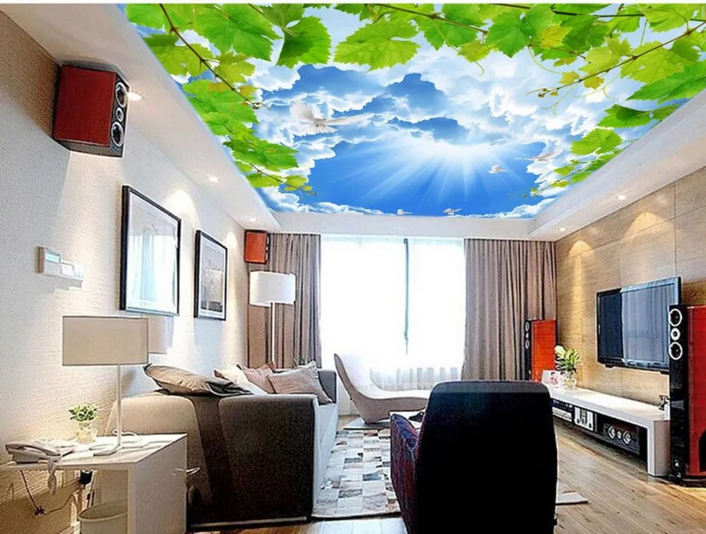 Blue sky pigeons leafy vines ceiling Ceiling fresco Ceiling murals wallpaper Home Decoration