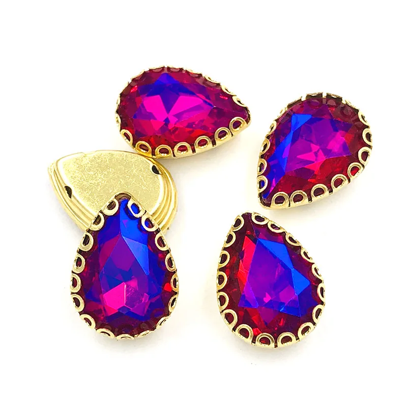 New arrival Teardrop shape strass sew on rhinestones gold base lacy claw glass crystal rhinestone Diy clothing accessories 20pcs