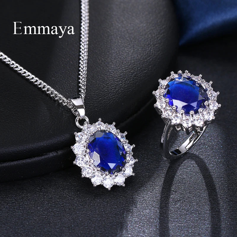 Emmaya Jewelry Set For Women Bridal Wedding Blue Austrian Crystal Necklaces Adjustable Ring Set Gift Wedding