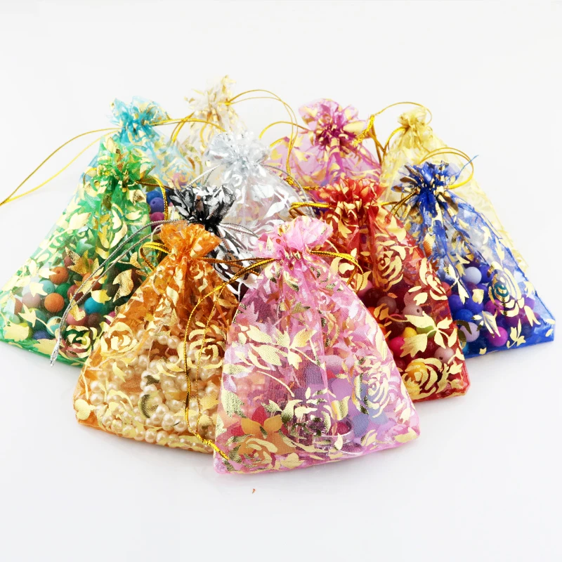 

Wholesale 100Pcs 9x12cm Multicolors Organza Bag Rose Design Wedding Jewelry Display Packaging Bags Pouches Drawstring Gift Bag