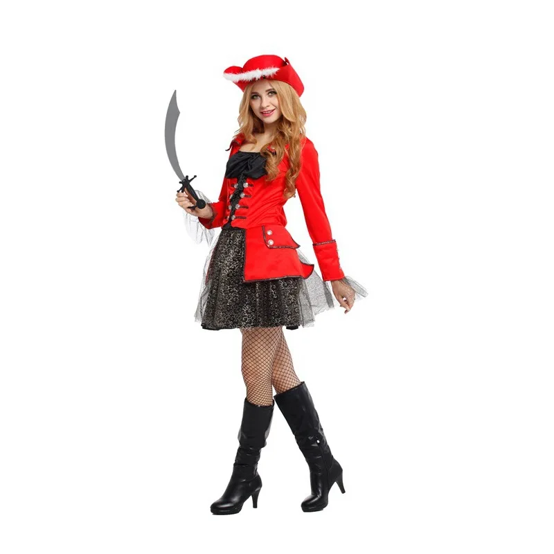 Fantasia Red Female Warrior Cosplay Woman Halloween Pirates of the Caribbean Costumes Carnival Purim Role Play Rave Party Dress